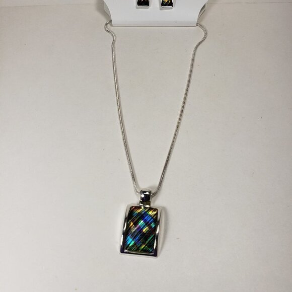 "Silver-Tone Multicolor Rectangle Pendant Necklace & Earrings  – Fashion Jewelry - Picture 10 of 11